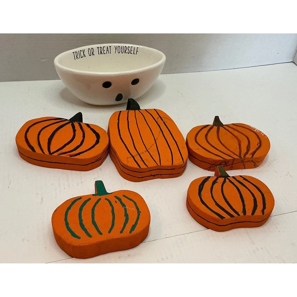 Mud Pie Ghost Candy Dish and Wooden Pumpkin Blocks Halloween Decor Set